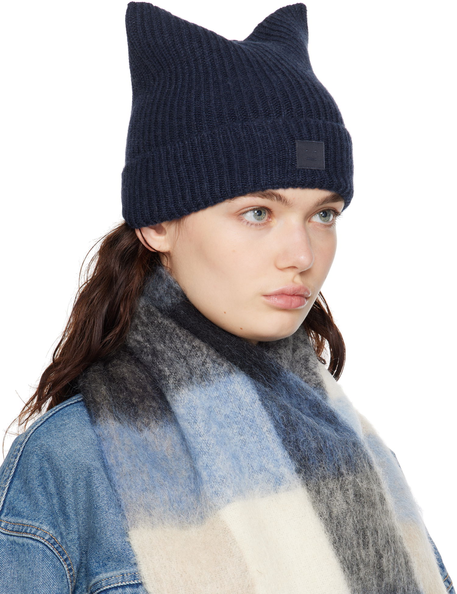 Mössa Acne Studios Acne Studios Knit Cat-Ear Beanie with Face Logo Mörkblå | C40392-, 1
