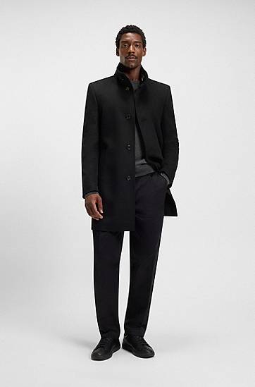 Rockar BOSS Slim-fit Stand-collar Coat in Wool and Cashmere Svart | 50551078, 1