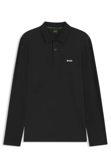 Polotröja BOSS Long-Sleeve Cotton Pique Polo Shirt Svart | 50536609