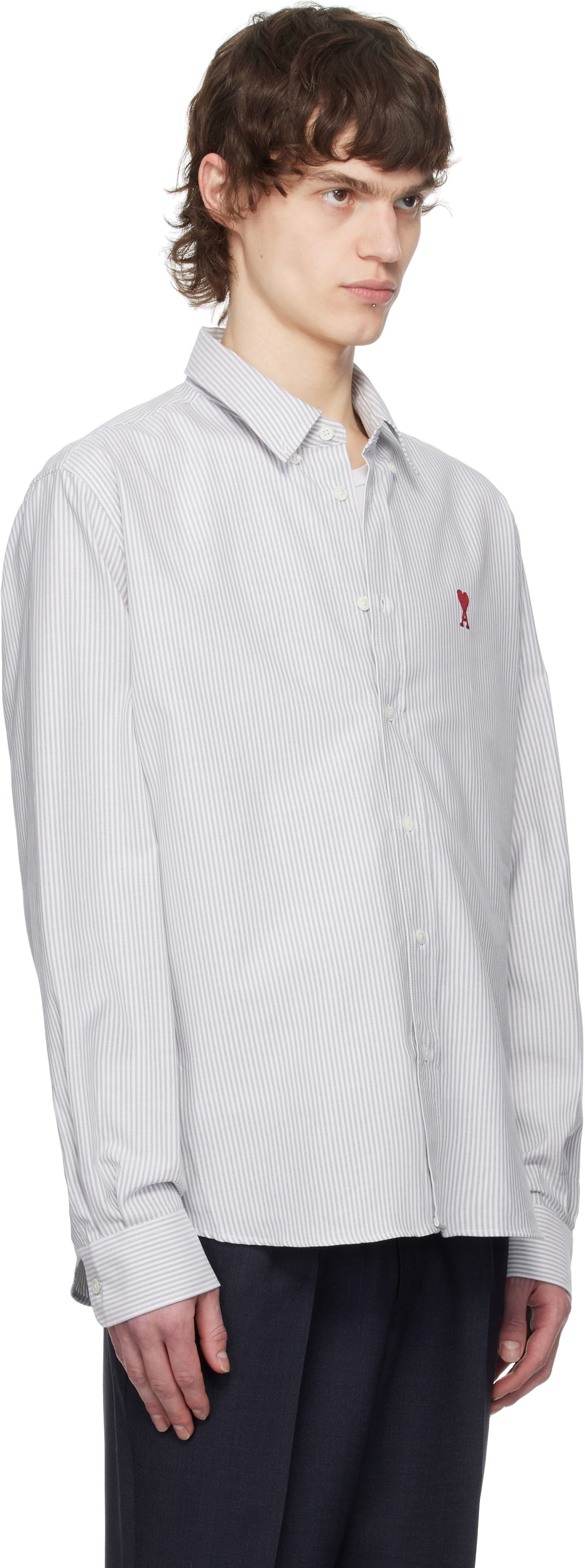 Skjorta AMI AMI Cotton Striped Button-Down Ami de Coeur Shirt Vit | USH063.CO0087, 1