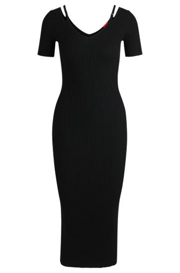 Klä BOSS Ribbed-Knit Bodycon Midi Dress with Cutout Details Svart | 50538239