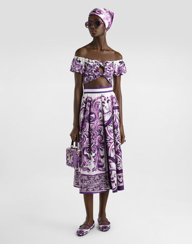Crop top Dolce & Gabbana Dolce & Gabbana Majolica-Print Poplin Off-Shoulder Tie-Front Top Purpur | F7AV0THH5EPI13TN, 1