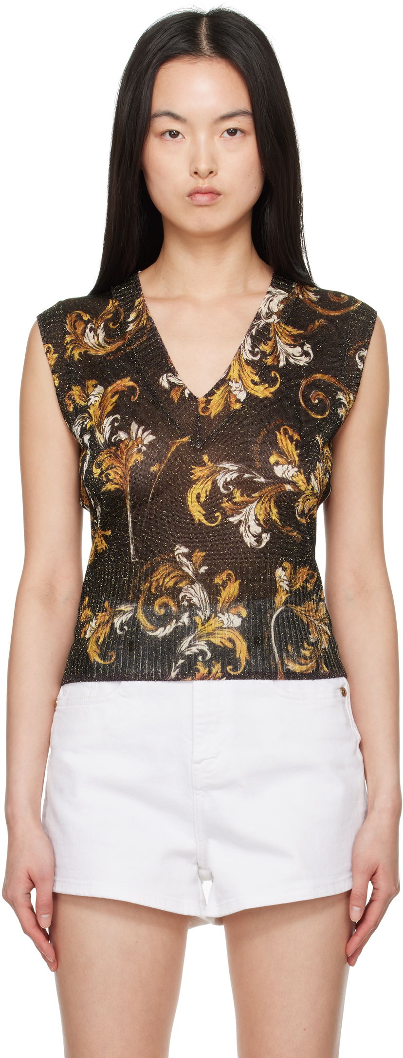 Linne Versace Versace Jeans Couture Barocco Lurex Vest Svart | E78HAFM06_ECMN45