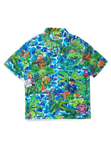 Skjorta BAPE Monkey 47 x Open Collar S/S Shirt Blue Grön | 1I23-132-901 BLU