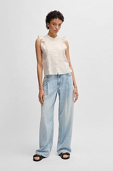 Skjorta BOSS Pleat-Front Cotton Muslin Blouse, Regular Fit Vit | 50540421, 1