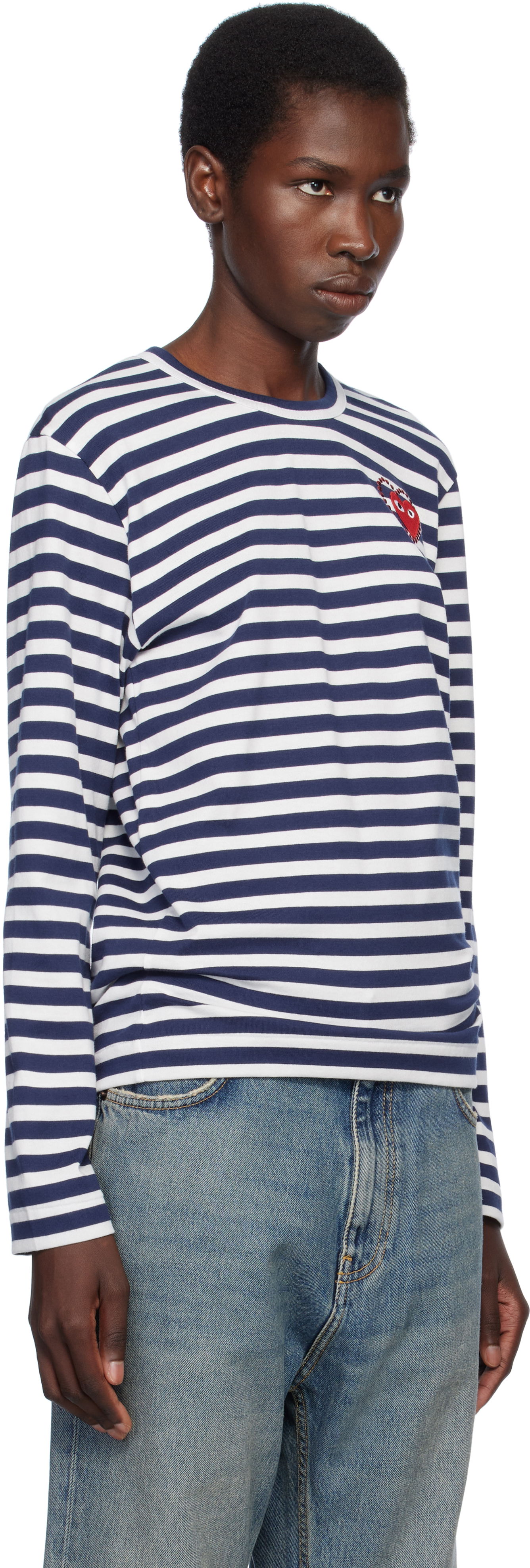 Sweater Comme des Garçons COMME des GARÇONS PLAY Striped Long Sleeve T-Shirt with Red Heart Emblem Mörkblå | AX-T806-051, 1