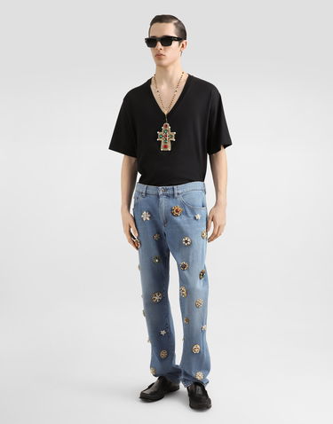 T-shirt Dolce & Gabbana Cotton V-Neck T-Shirt With Jeweled Cross Patch Svart | G8QL3ZG7O4IN0000, 1