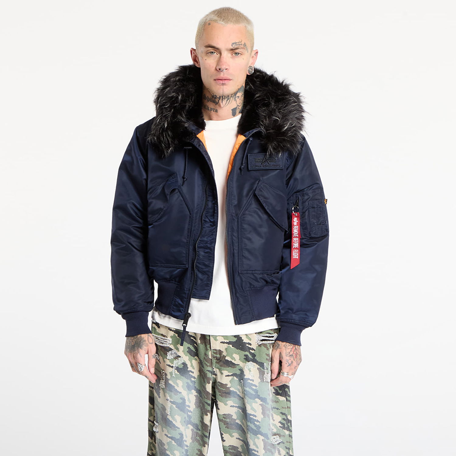 Bomberjacka Alpha Industries Hooded Custom Ultra Bomber Jacket with Faux Fur Trim and Orange Lining Mörkblå | 113145-697, 0