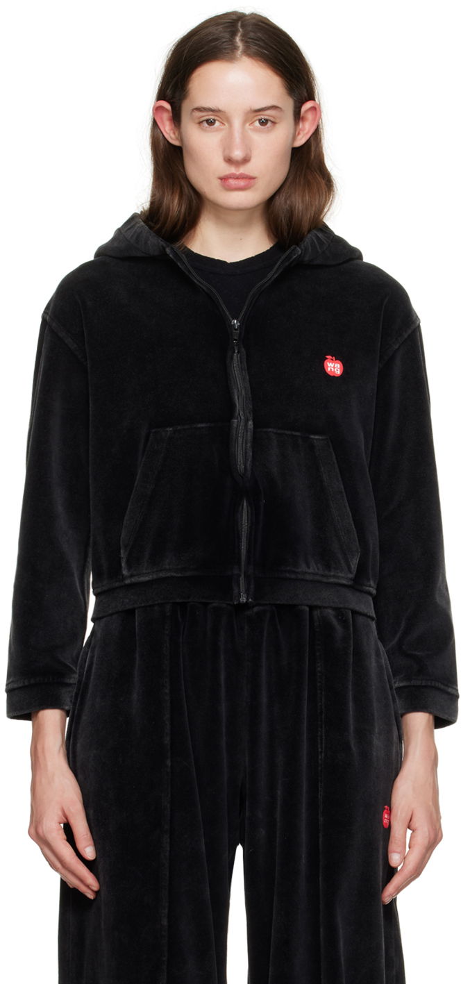 Sweatshirt Alexander Wang Shrunken Velour Zip Hoodie Svart | 4CC1242075
