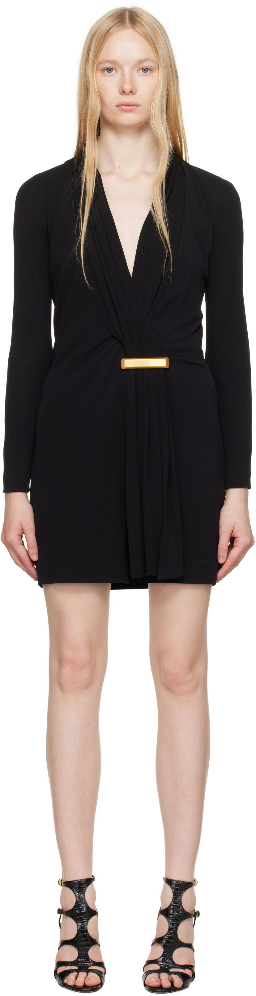 Klä Tom Ford TOM FORD V-Neck Long Sleeve Cocktail Minidress Svart | ABJ835-JEX131