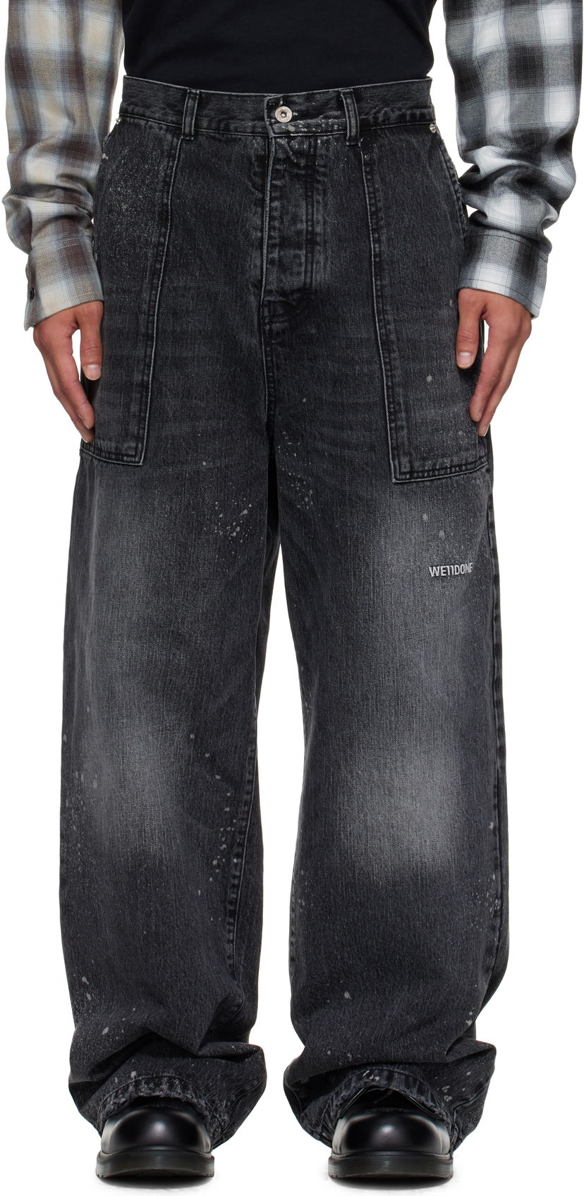 Jeans We11done Carpenter Wide-Leg Distressed Paint Splatter Jeans Svart | WD-DP2-25-340-M-BK