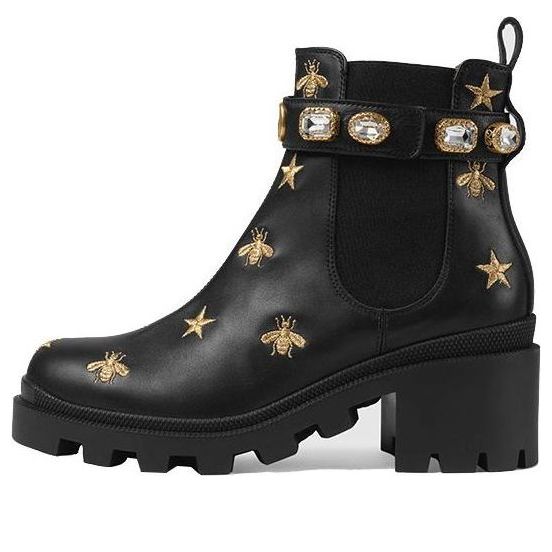 Sneakers och skor Gucci Gucci Stars and Bee Embroidered Leather Ankle Boots with Belt Svart | 557735-AYO10-1000, 0