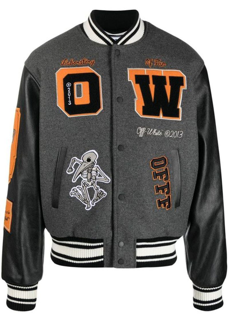 Bomberjacka Off-White Patch Embellished Varsity Bomber Jacket Medium Grey Yellow Black Svart | OMJA059F21LEA0010684