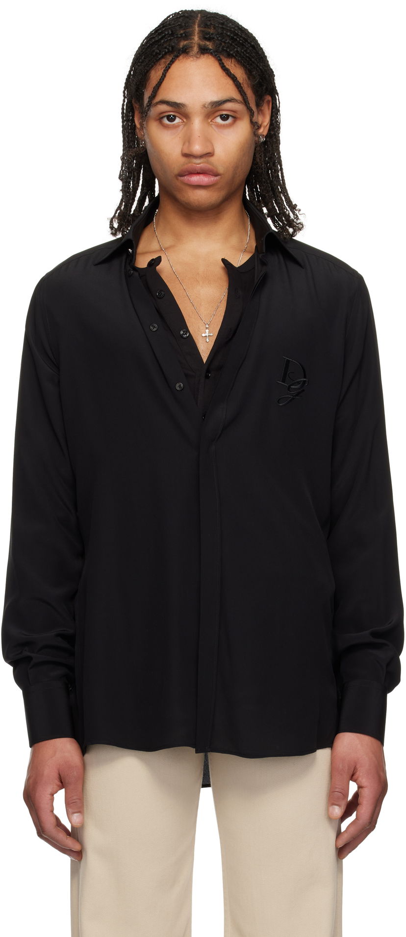 Skjorta Dolce & Gabbana Dolce&Gabbana Silk Logo Embroidered Shirt Svart | G5MO1ZFU1UQ