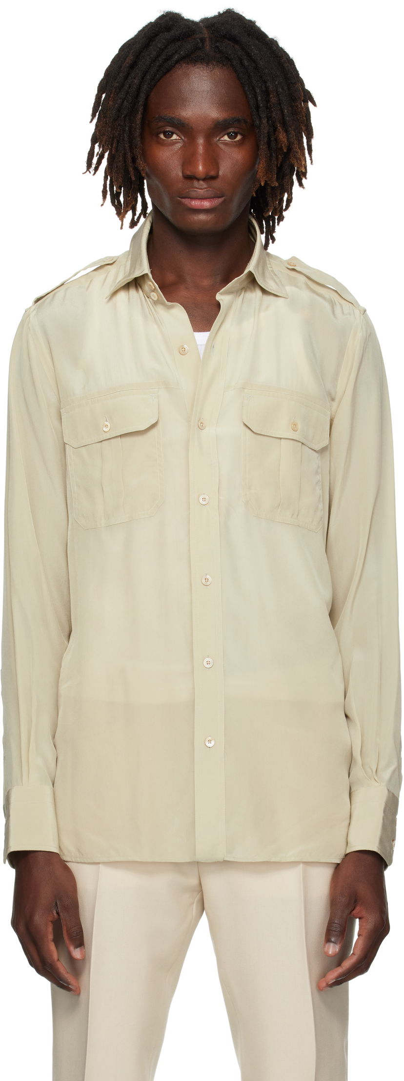 Skjorta Tom Ford TOM FORD Silk Safari Shirt Beige | HMBC03-SPS86