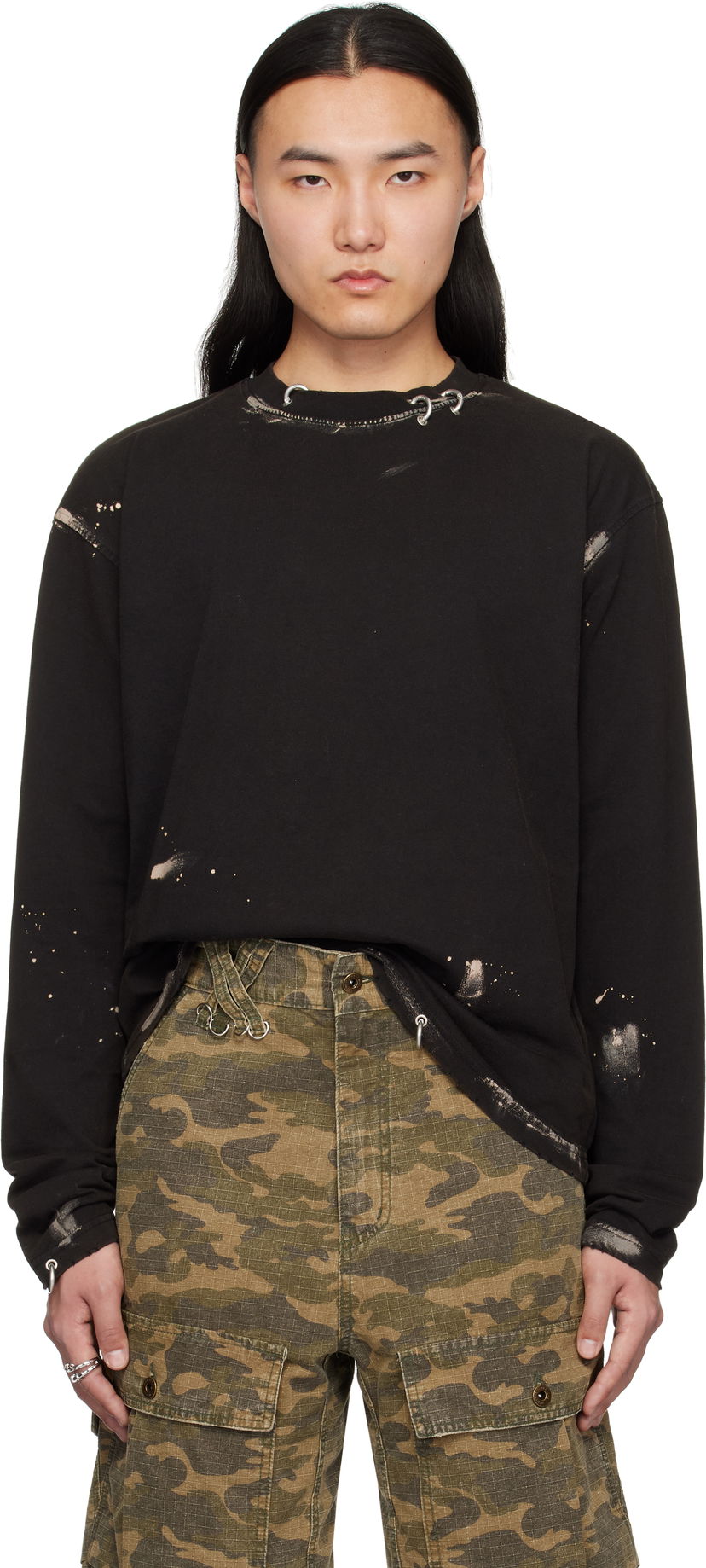 Sweatshirt We11done We11done Pierced Long Sleeve T-Shirt Svart | WD-TT0-25-771-U-BK