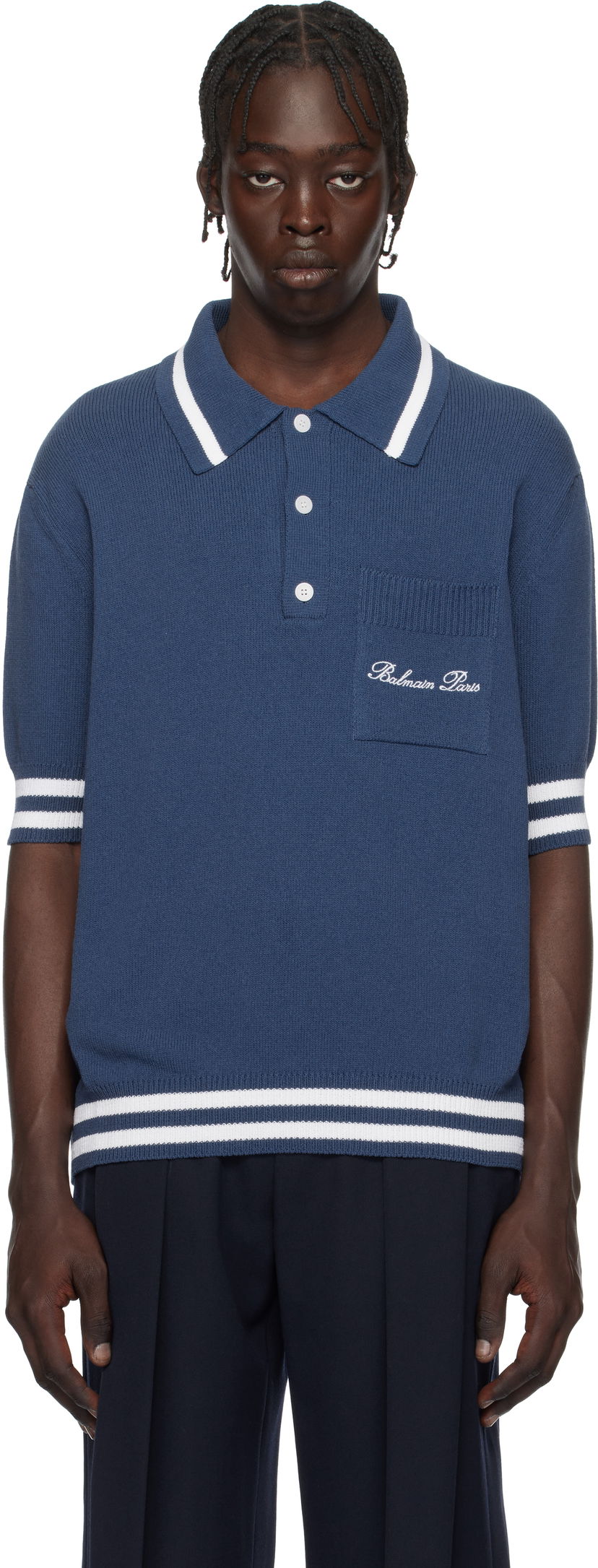 Polotröja Balmain Cotton-Blend Knit Polo Shirt Blå | EH1GB046KF96