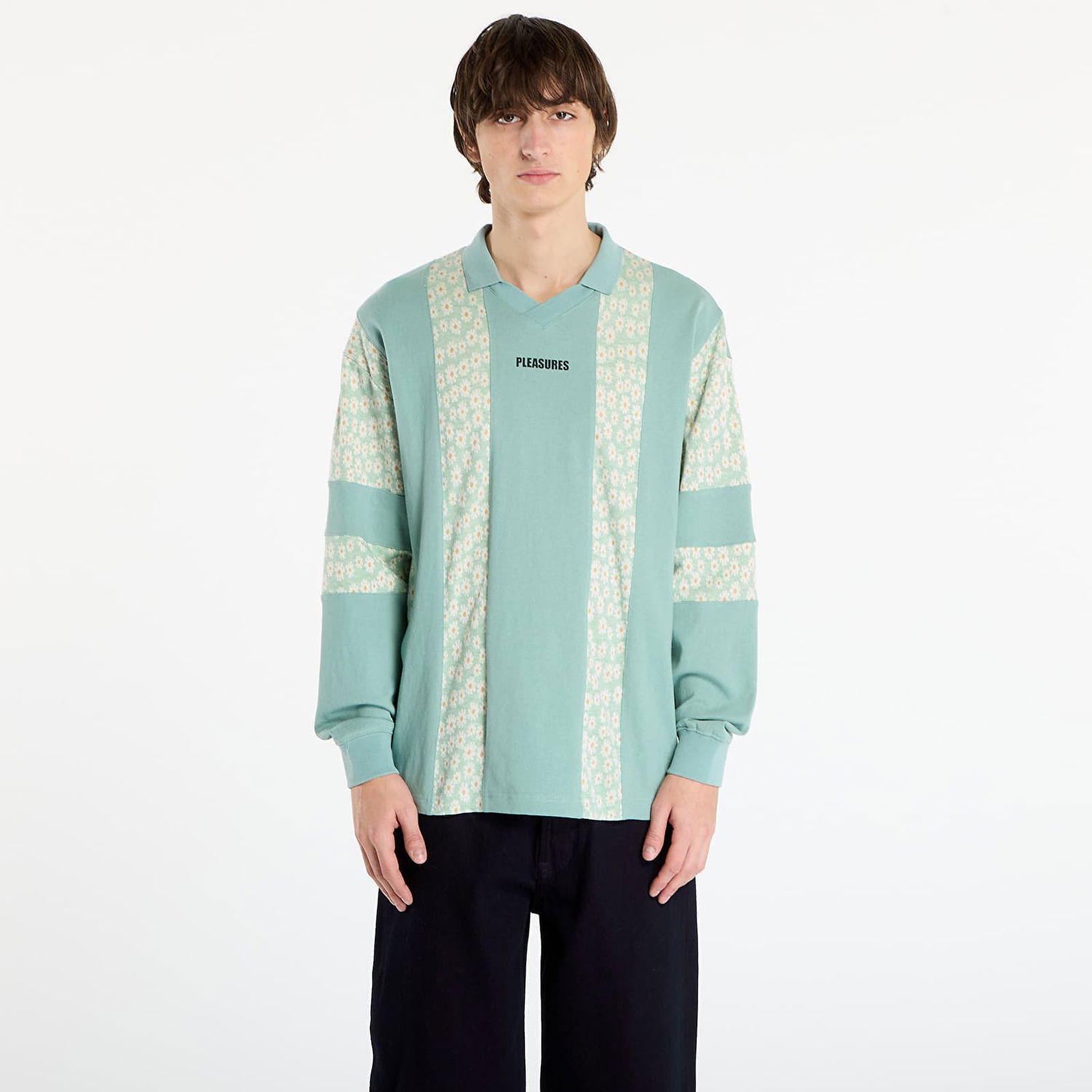 Polotröja Pleasures Sounds Long Sleeve V-Neck Floral Panel Rugby Polo Flerfärgad | P25F038-MATCHA, 0