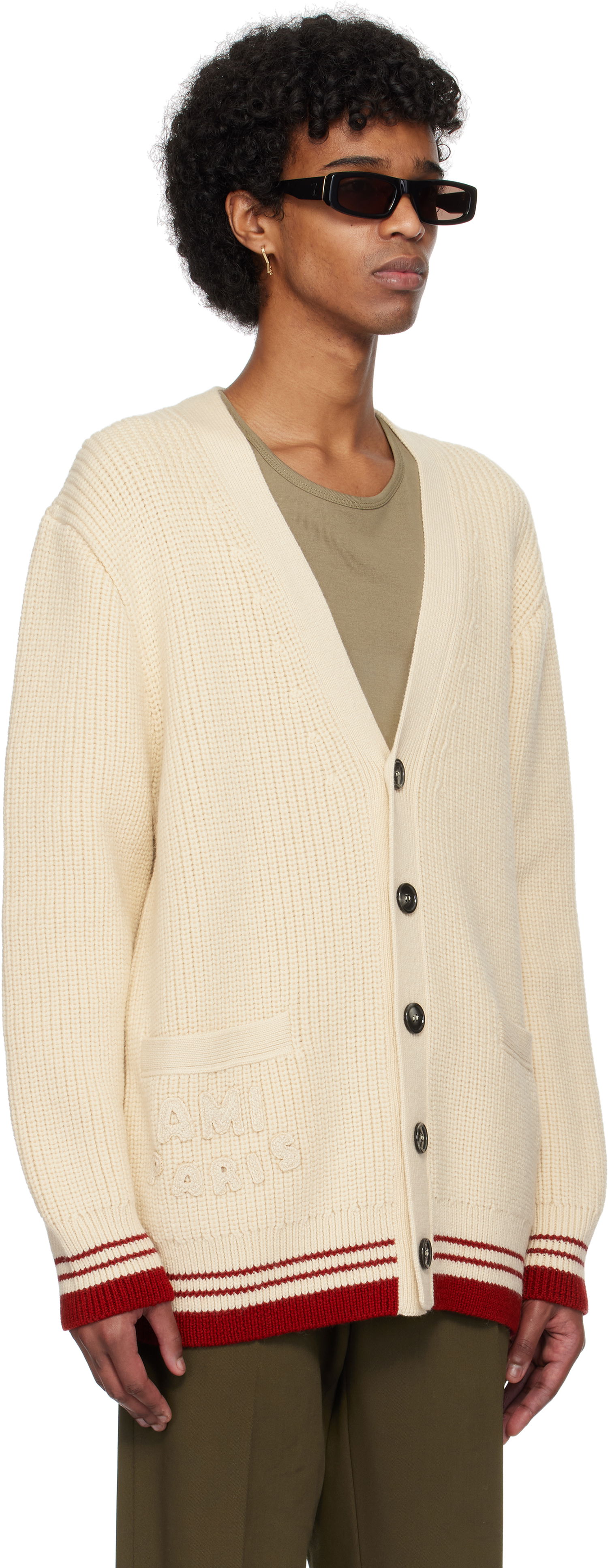 Sweater AMI AMI Paris Wool Ribbed Cardigan Beige | UKC168.KN0068, 1