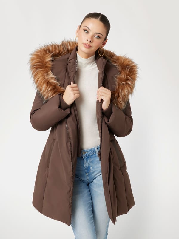 Parkas GUESS Faux Fur Hood Puffer Jacket Brun | W4BL59WG7X2