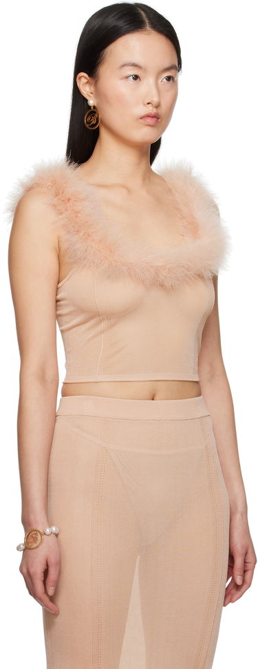 Linne Blumarine Blumarine Knitted Feather Trim Top Beige | P522M559A, 1