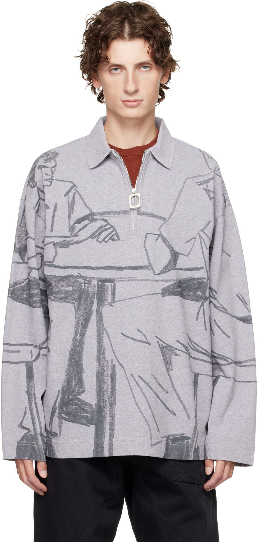 Polotröja JW Anderson JW Anderson Figure Print Long-Sleeve Quarter-Zip Polo Grå | JO0274-PG1755