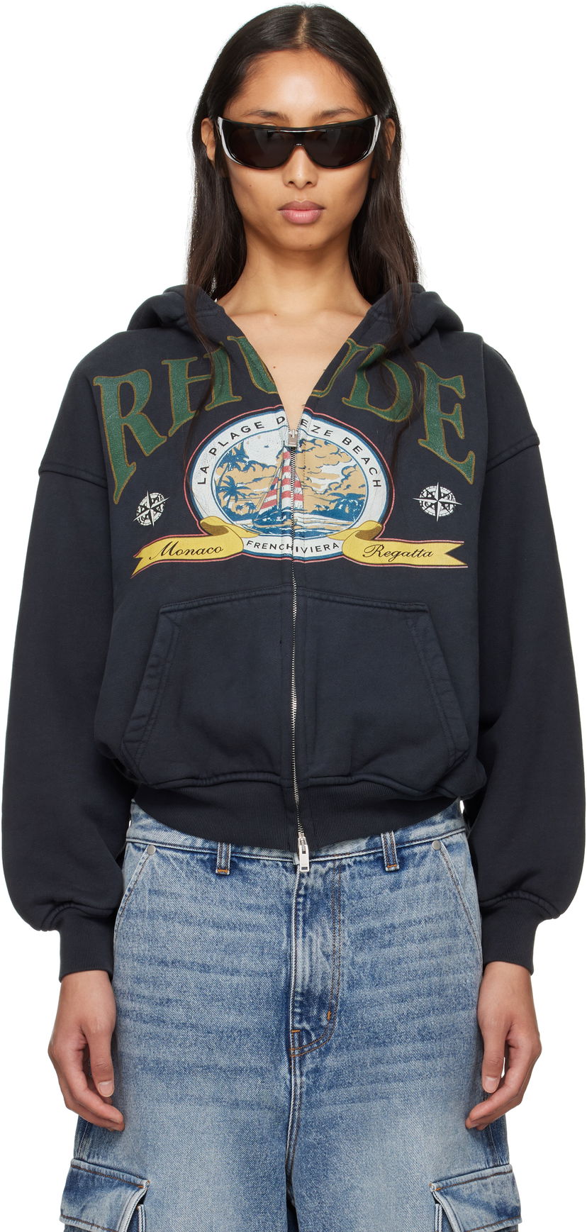 Sweatshirt Rhude Rhude Monaco Regatta Graphic Full-Zip Hoodie Svart | RHSS25HO09012