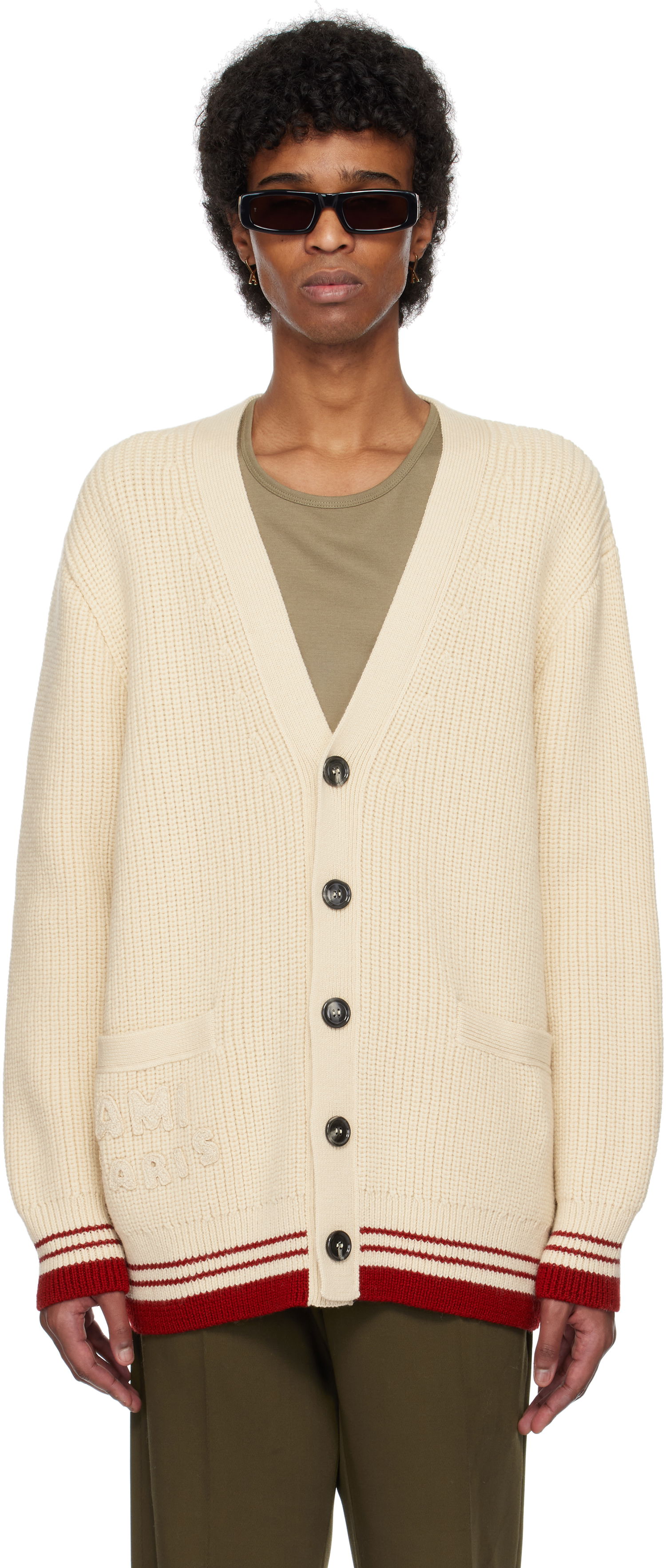Sweater AMI AMI Paris Wool Ribbed Cardigan Beige | UKC168.KN0068, 0