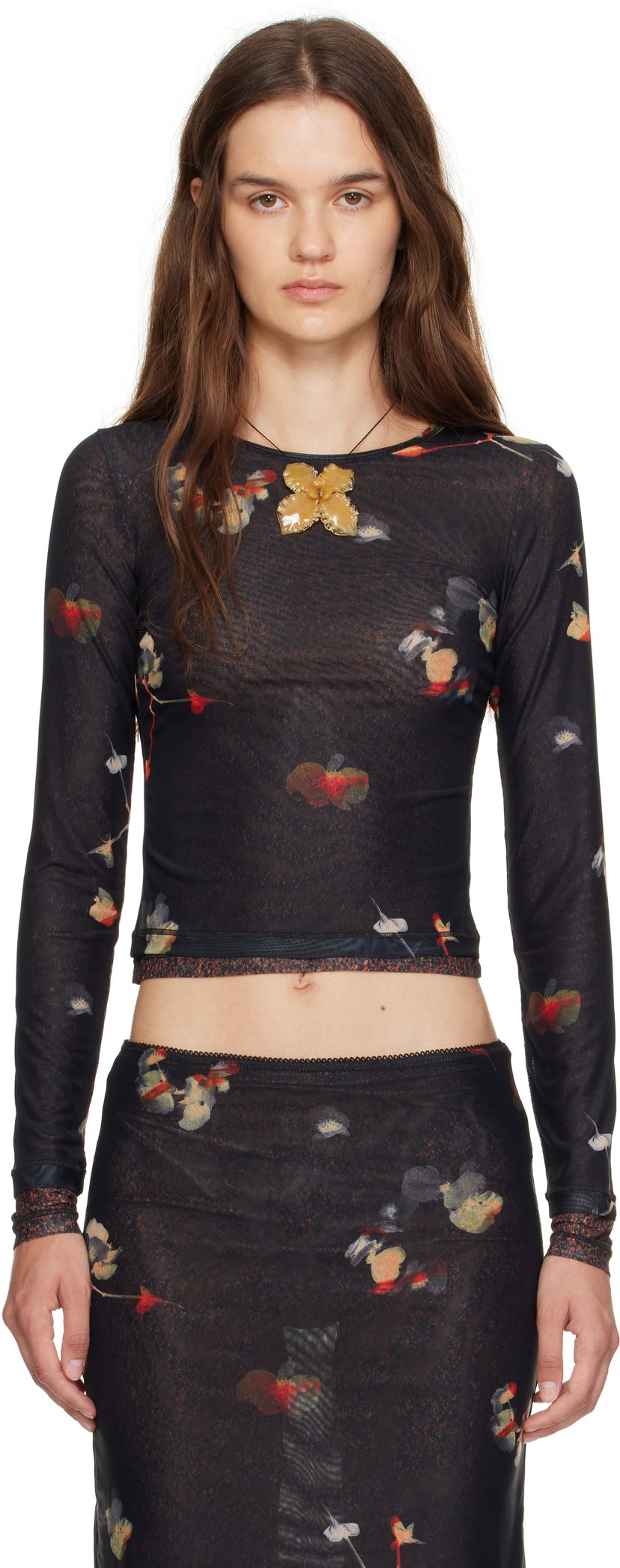 T-shirt Eckhaus Latta Eckhaus Latta Duet Floral Print Semi-Sheer Top Svart | 1100-EL-PF25-BP -