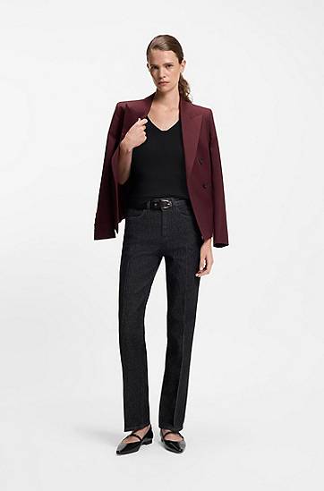 T-shirt BOSS Structured Ribbed V-neck Elbow-Sleeve Top Svart | 50542881, 1