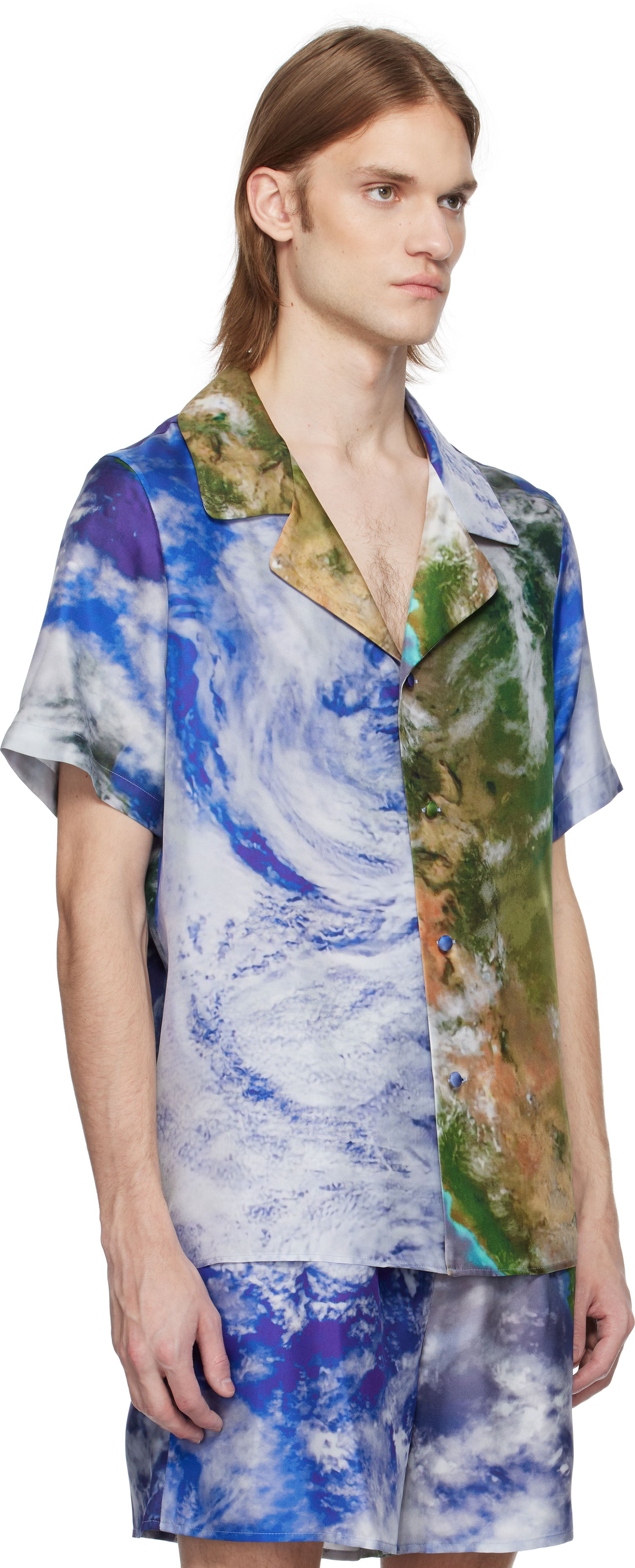 Skjorta Balmain Balmain Earth Print Silk Shirt Blå | EH0HN067SE89, 1