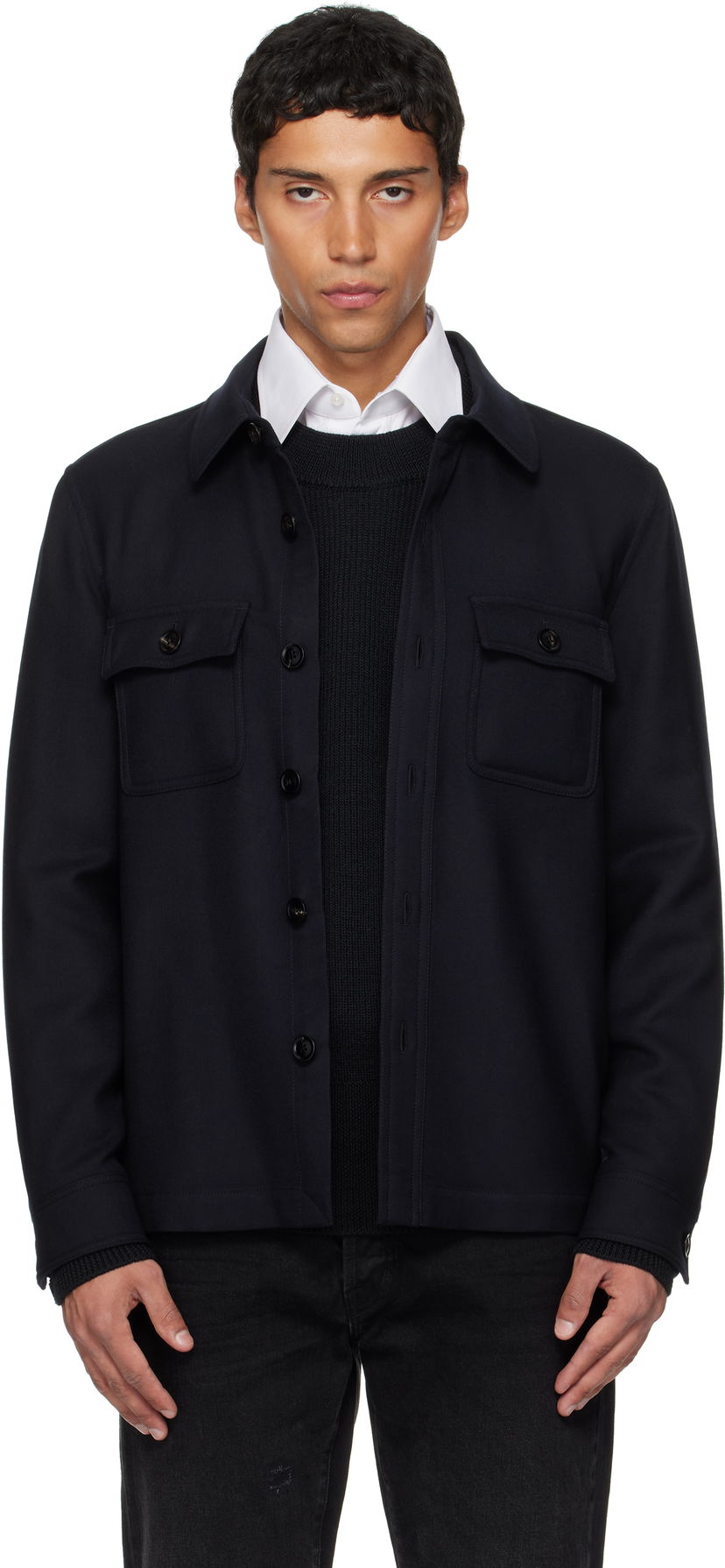 Jacka Tom Ford TOM FORD Light Wool Chest Pocket Overshirt Mörkblå | OJS016-FMW063
