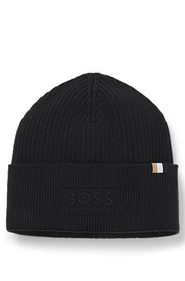 Mössa BOSS Ribbed Logo-Embroidered Beanie Hat in Wool and Cotton Svart | 50522427
