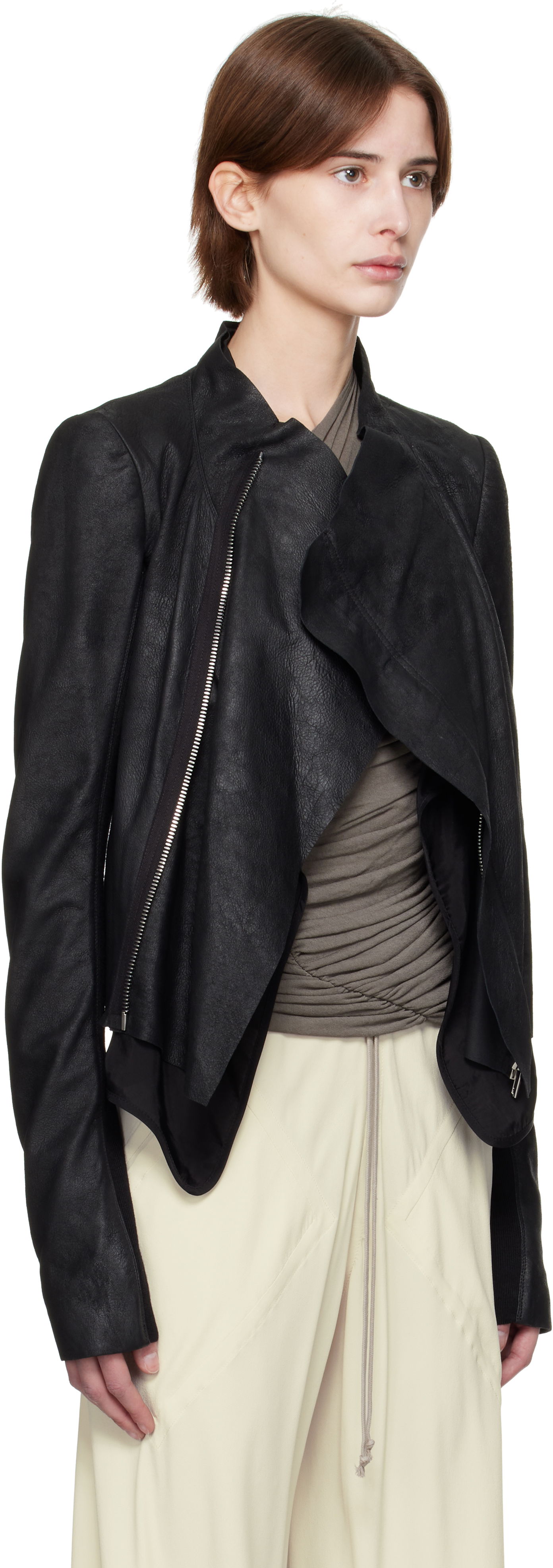 Jacka Rick Owens Rick Owens Hollywood Low Neck Biker Leather Jacket Svart | RP01E7702 LBA, 1