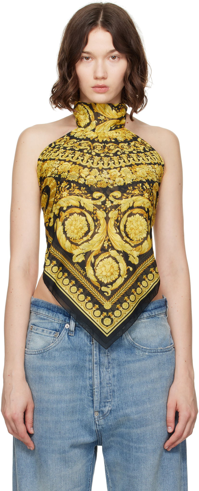 Linne Versace Versace Barocco Foulard Halter Top Svart | 1016588_1A11158