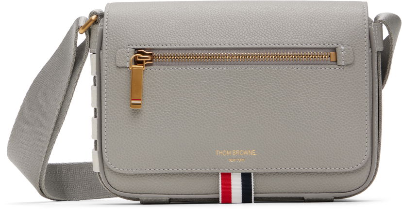 Axelväska Thom Browne Thom Browne 4-Bar Pebble Grain Small Reporter Bag Grå | UAG229A-00198