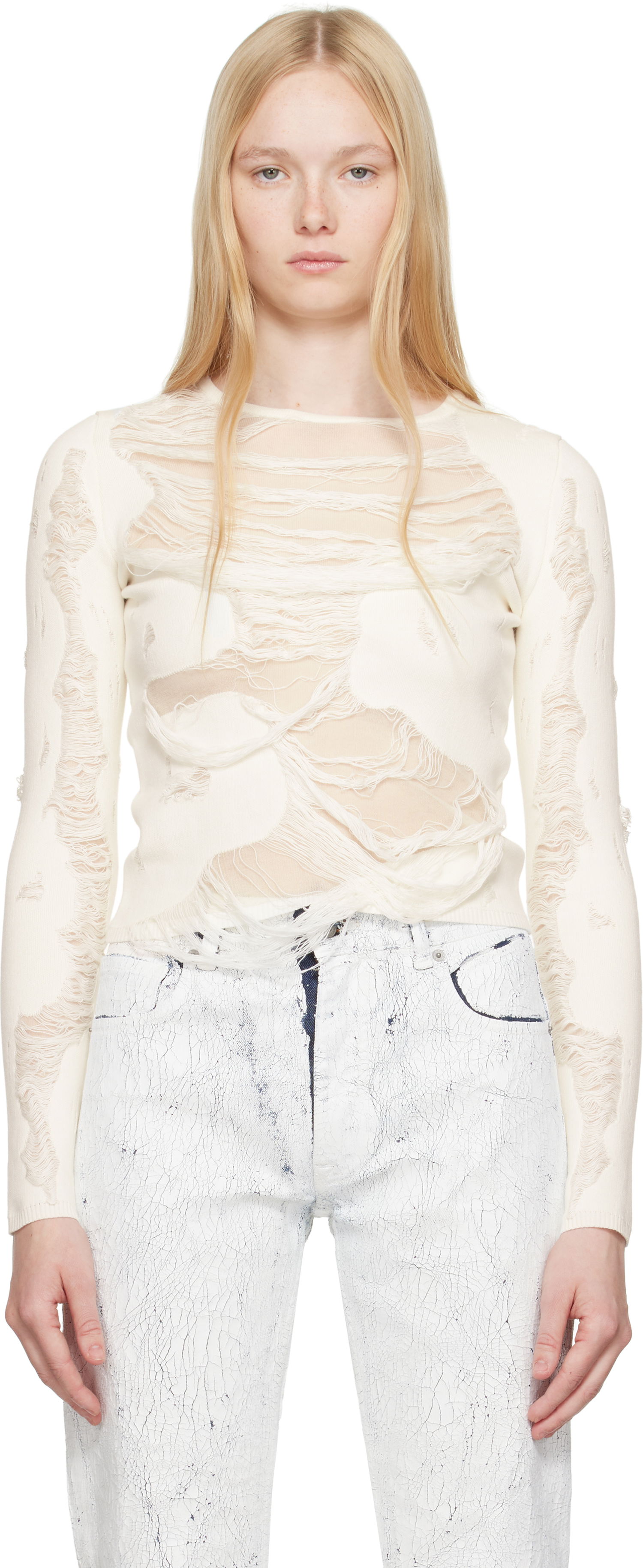 Sweater Maison Margiela MM6 Maison Margiela Slashed Crewneck Sweater Vit | S62HL0032 M13121, 0