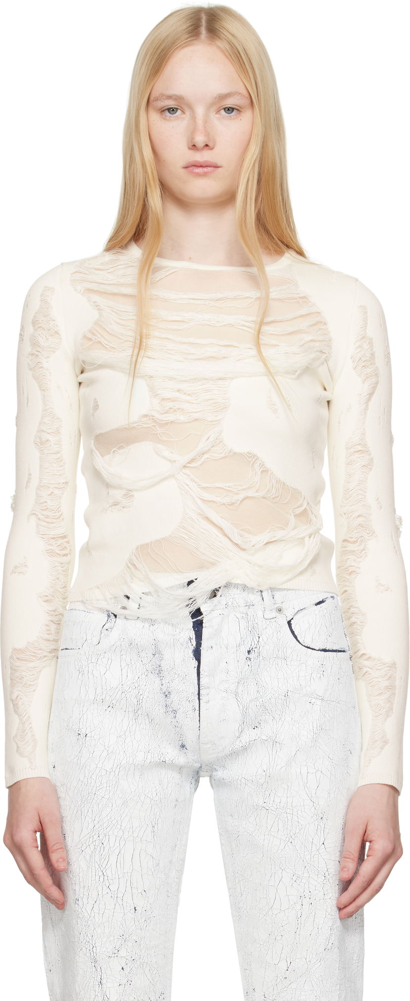 Sweater Maison Margiela MM6 Maison Margiela Slashed Crewneck Sweater Vit | S62HL0032 M13121