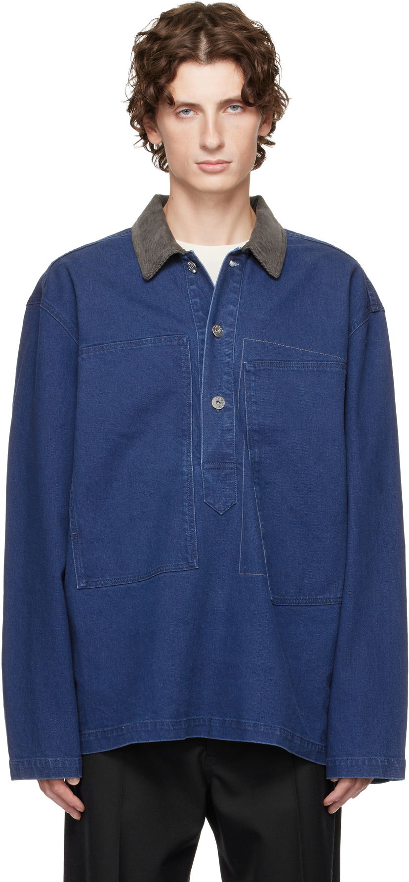 Polotröja JW Anderson Denim Polo with Patch Pockets and Corduroy Collar Blå | DS0014-PG1835