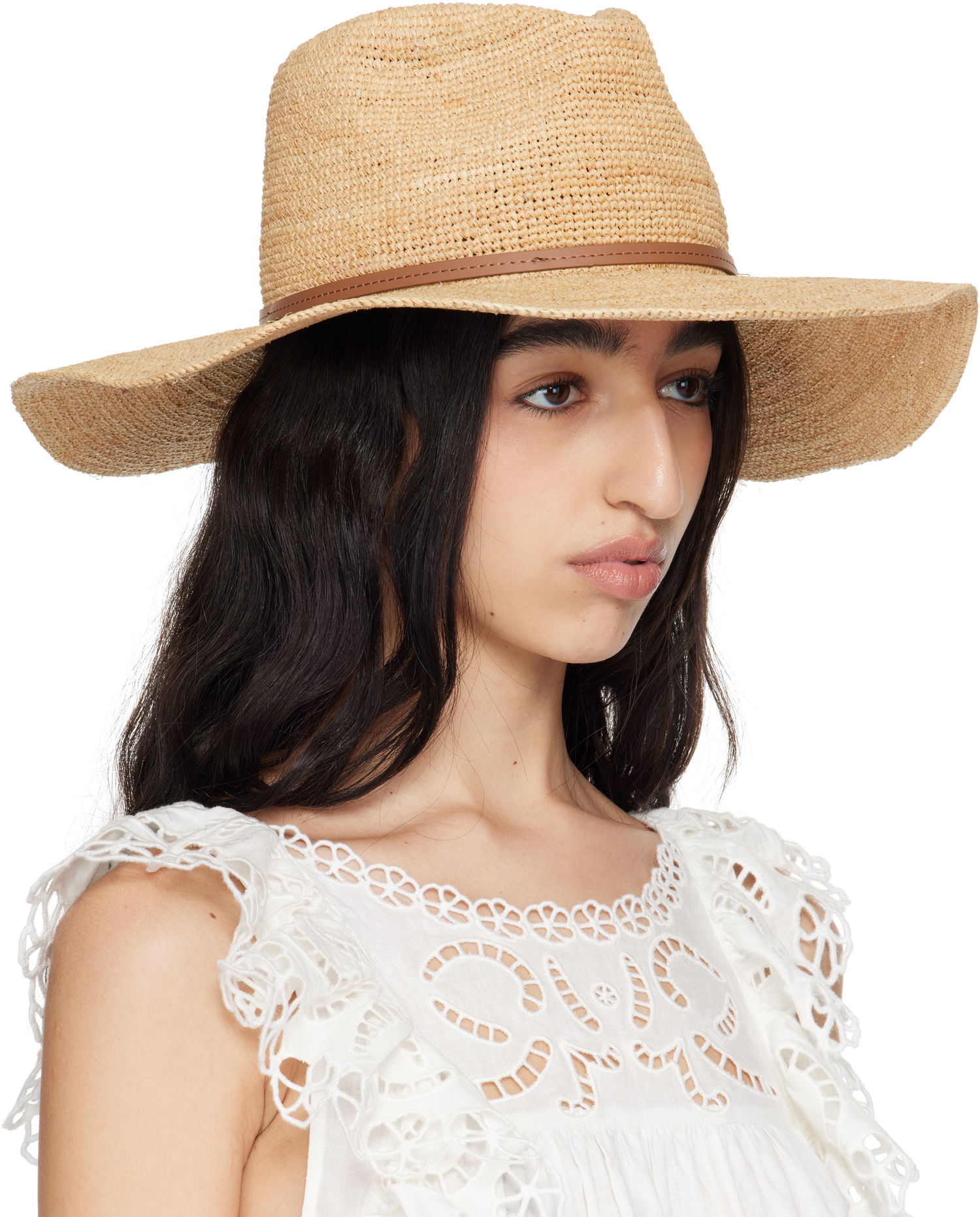 Hatt rag & bone rag & bone Leather-Trimmed Wide-Brim Raffia Panama Hat Beige | WJW25SH1015ST15, 1