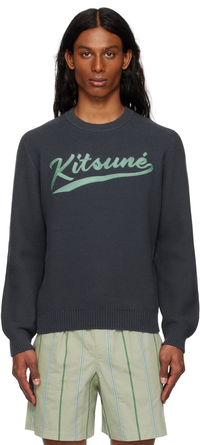 Sweater MAISON KITSUNÉ Kitsuné Varsity Embroidered Mesh Sweater Grå | OM00808KT1137