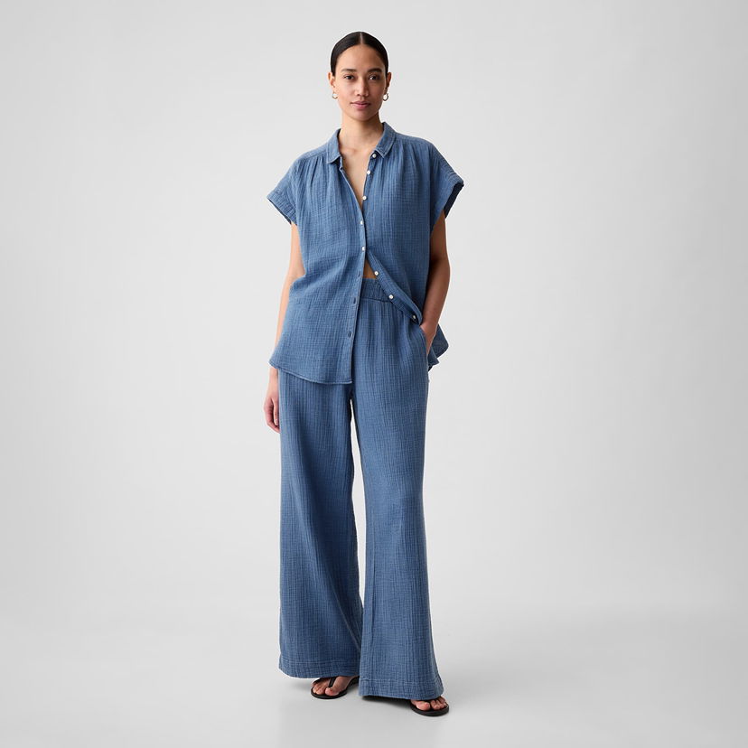 Byxor GAP Gauze Wide Leg Pants Blue Denim Wash Blå | 875131-00