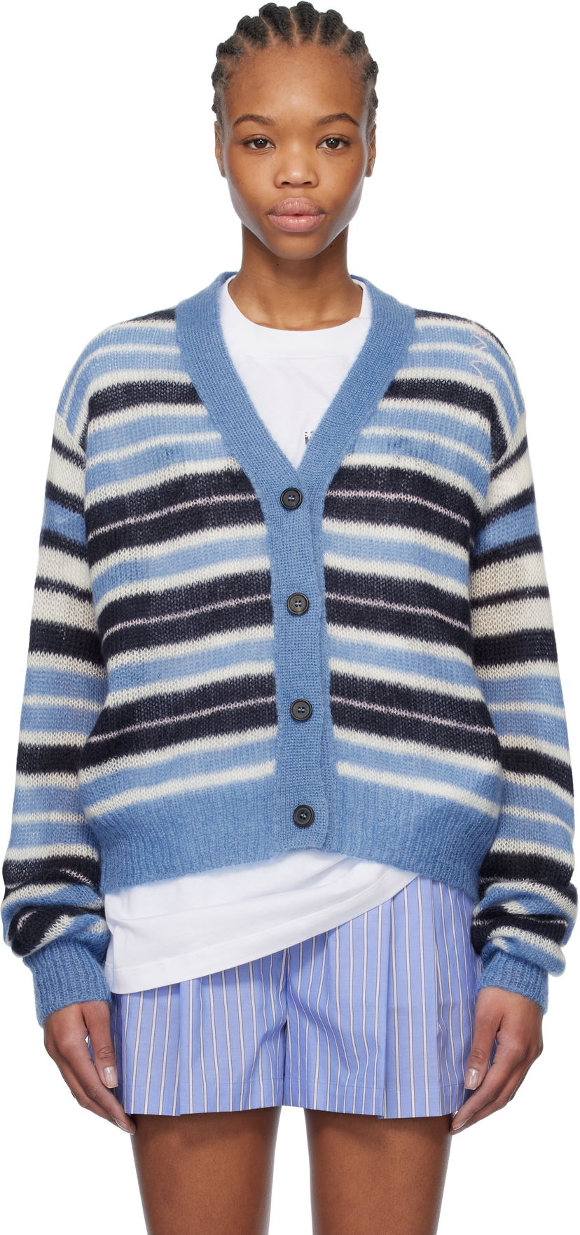Sweater Marni Marni Striped Mohair Cardigan Blå | CDMD0388Q0 UFU178