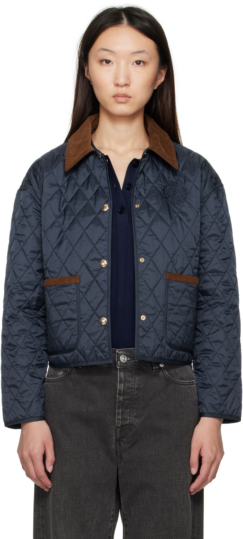 Jacka Sporty & Rich Sporty & Rich H&W Crest Cropped Quilted Jacket Mörkblå | OW027620241BL106