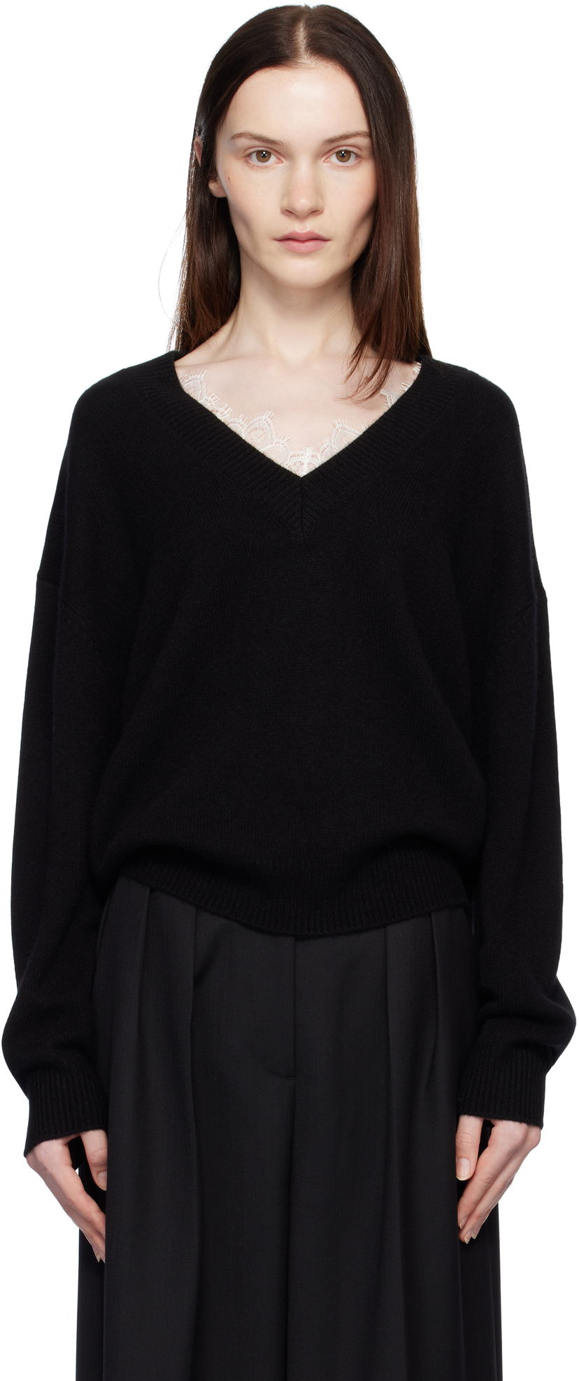 Sweater Anine Bing Lee Lace Trim V-Neck Sweater Svart | A-09-3280-000