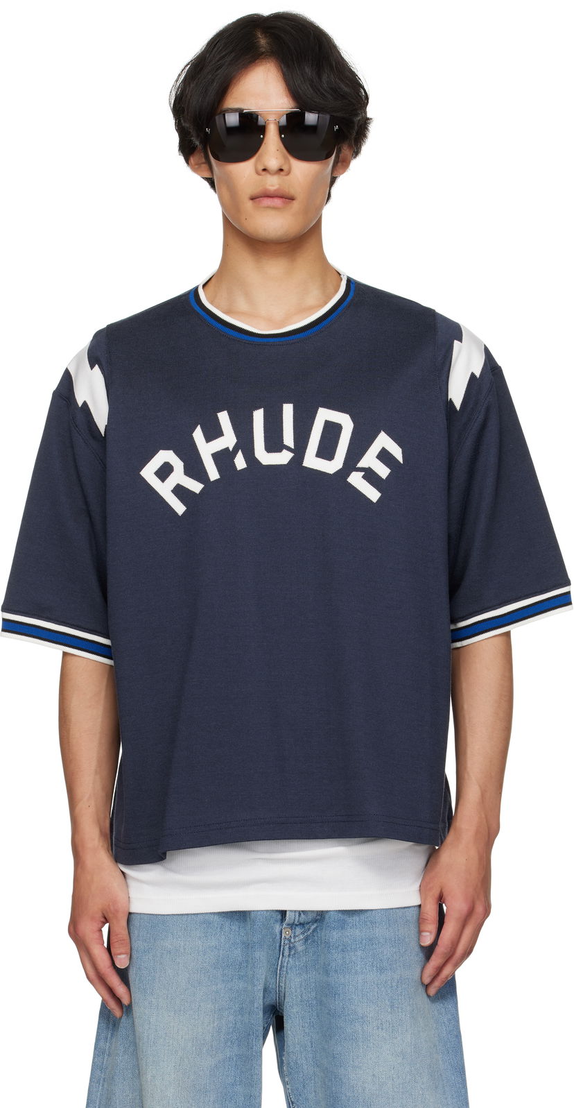 T-shirt Rhude Rhude Logo Lightning Ringer T-Shirt Mörkblå | RHPF25TT01729