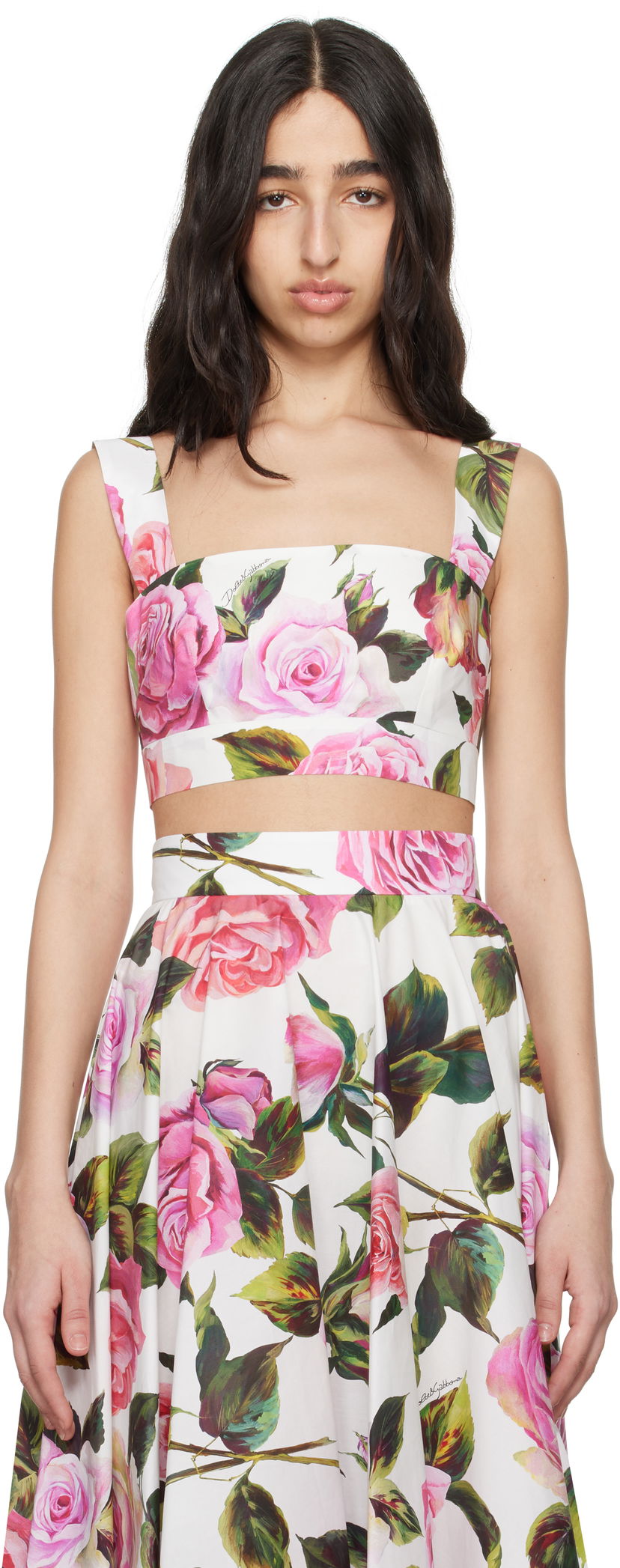 Kjol Dolce & Gabbana Dolce&Gabbana Rose-Print Crop Top Vit | F7U70T HS5S4