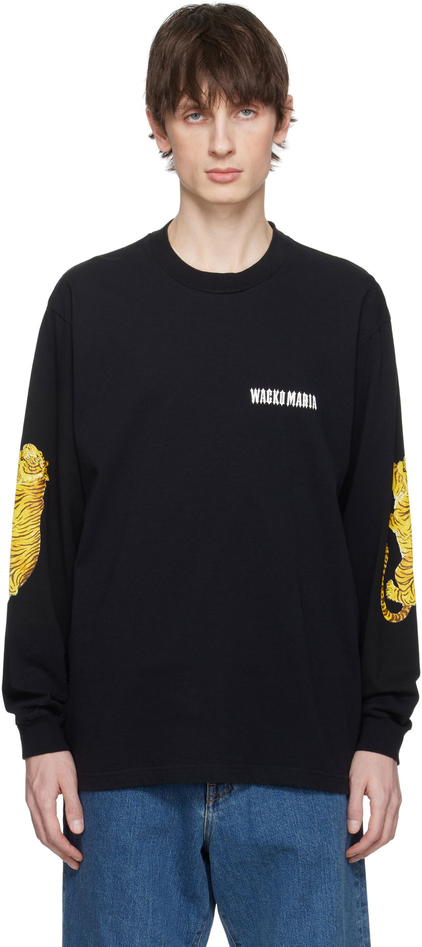 T-shirt WACKO MARIA Wacko Maria Washed Tiger Print Crew Neck Longsleeve T-Shirt Svart | 25SS-WMT-LT03