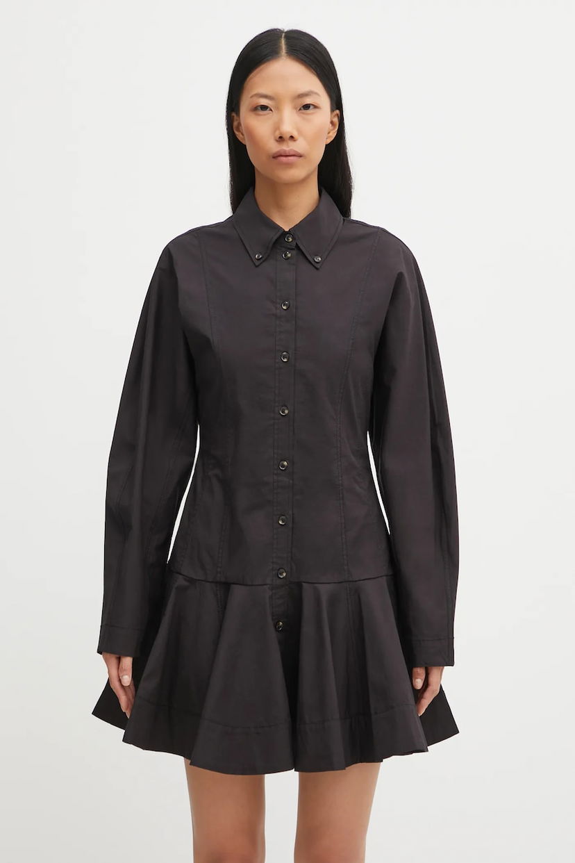 Klä GANNI Stretch Cotton Buttoned Mini Shirt Dress Svart | W1001