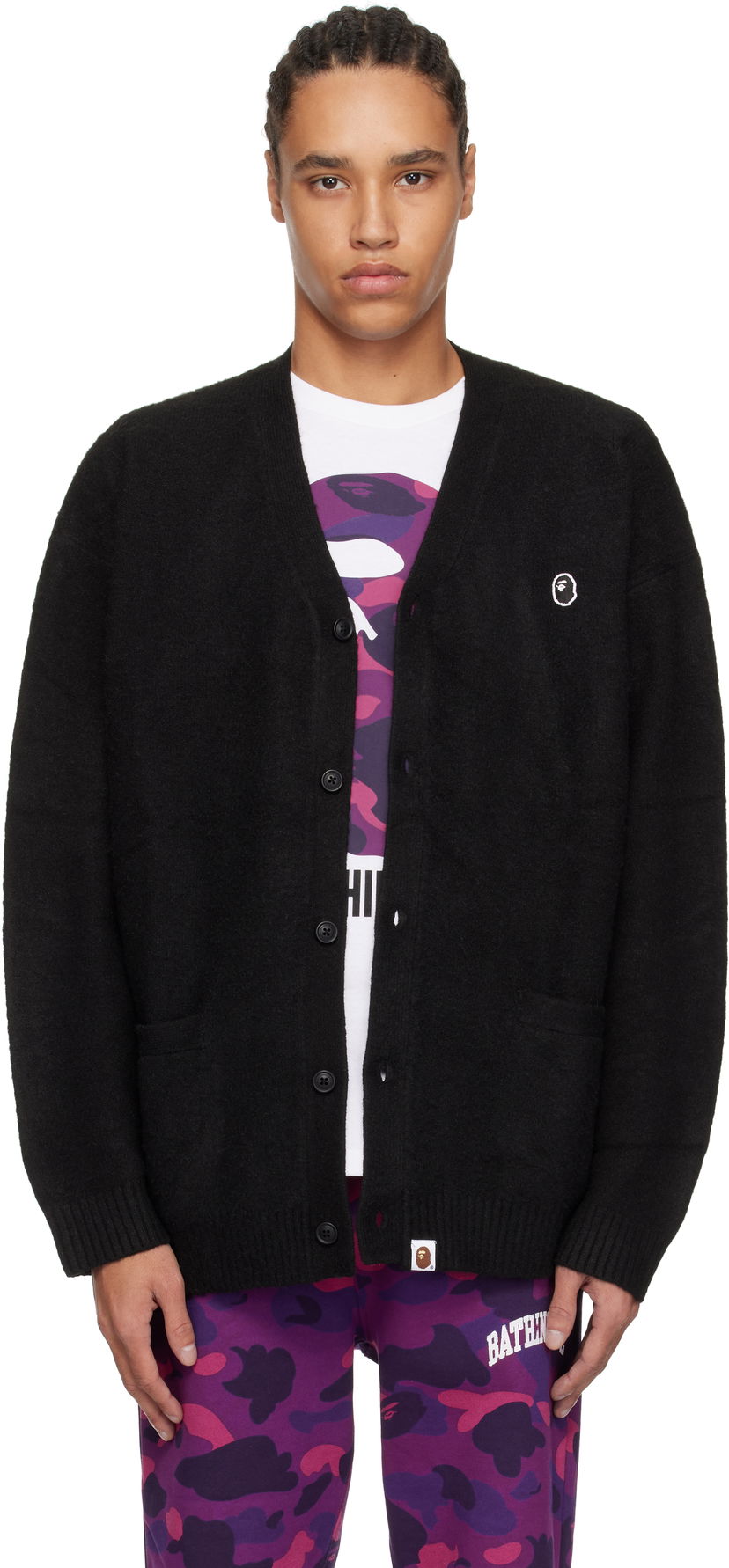 Sweater BAPE A Bathing Ape One Point Hairy Yarn Cardigan Svart | 001KNK801004M